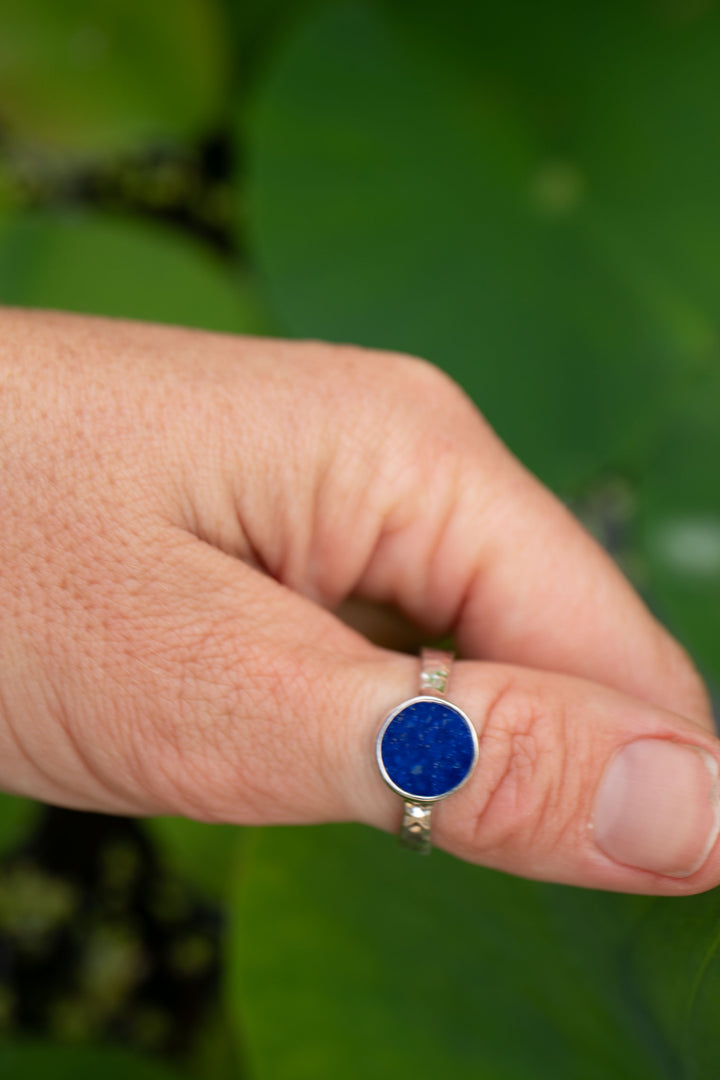 Lapis Lazuli Ring in Beaten Sterling Silver Setting - Size 10 US