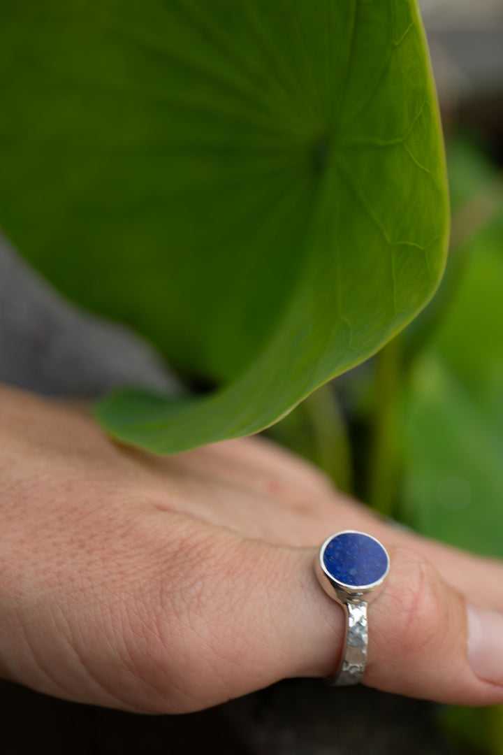 Lapis Lazuli Ring in Beaten Sterling Silver Setting - Size 10 US