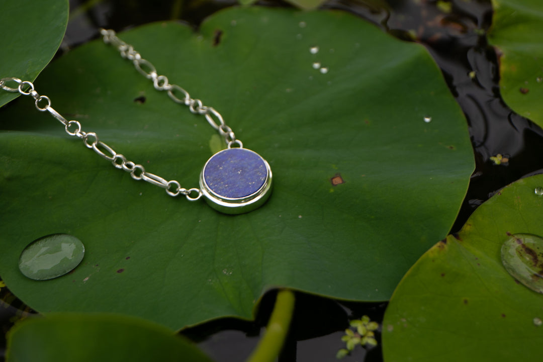 Lapis Lazuli Pendant in Bezel Setting on Sterling Silver Link Chain