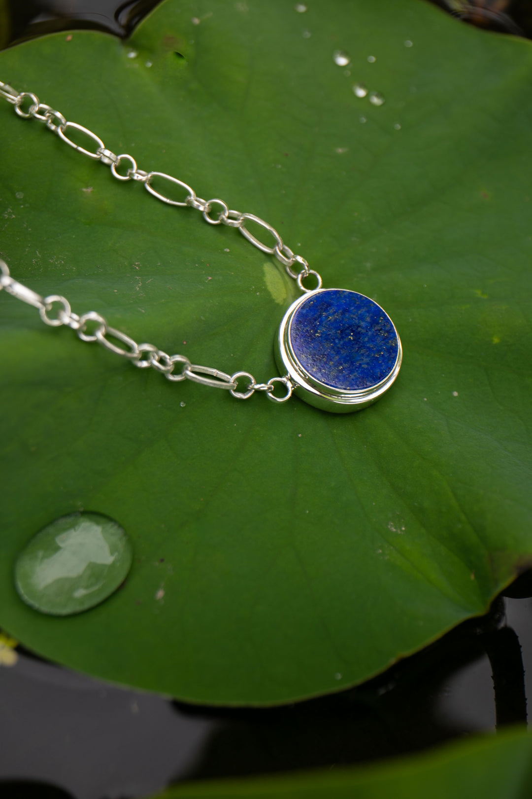 Lapis Lazuli Pendant in Bezel Setting on Sterling Silver Link Chain