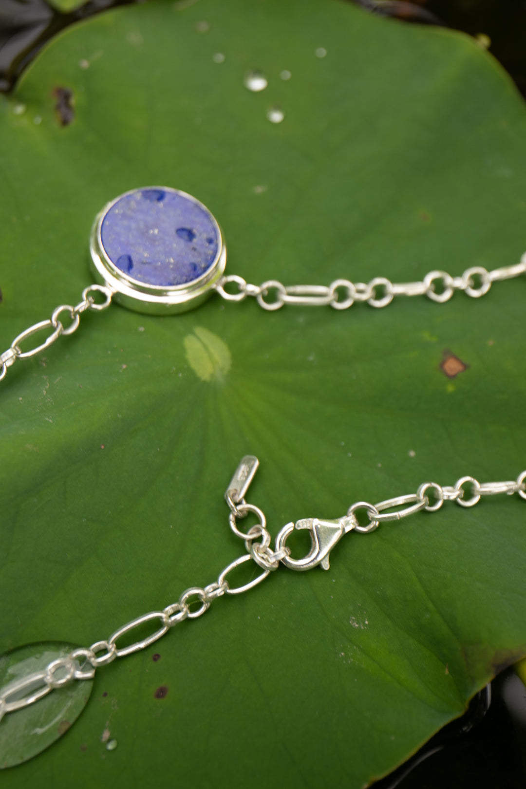 Lapis Lazuli Pendant in Bezel Setting on Sterling Silver Link Chain