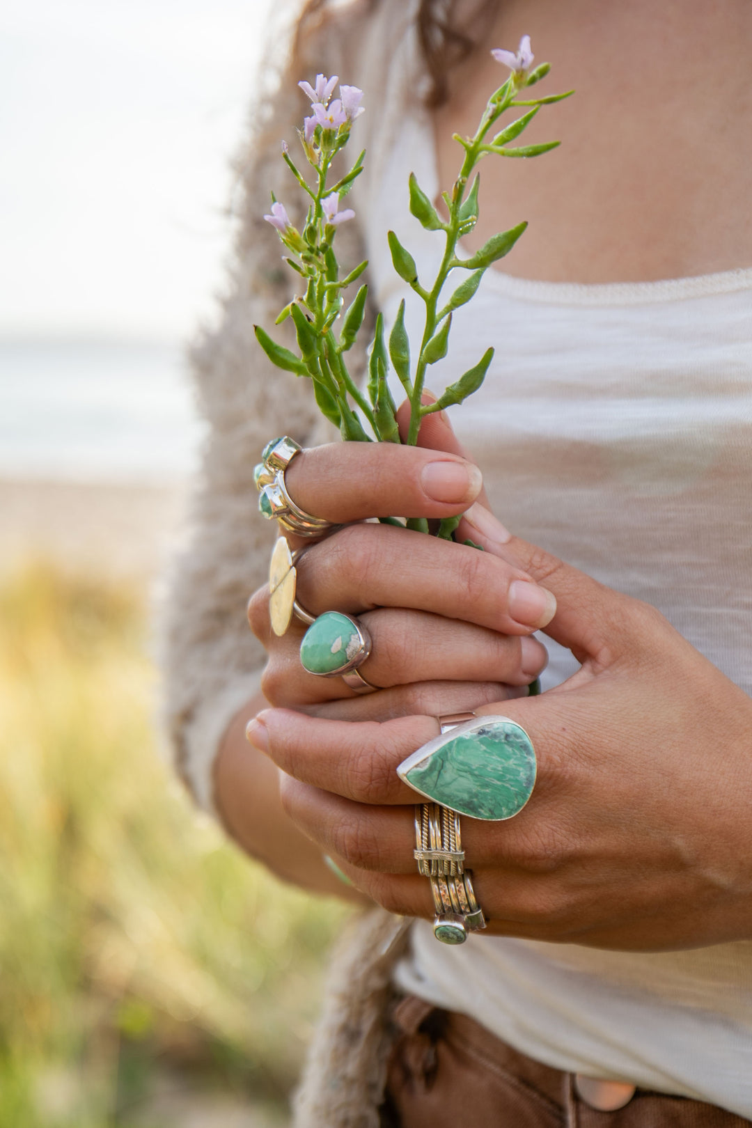 Teardrop Variscite Ring set in Brushed Sterling Silver Adjustable Band