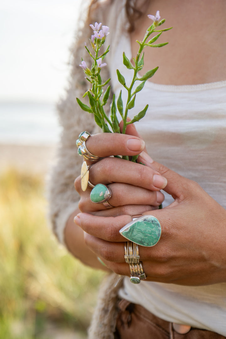 Teardrop Variscite Ring set in Brushed Sterling Silver Adjustable Band