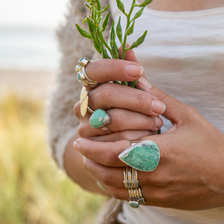 Teardrop Variscite Ring set in Brushed Sterling Silver Adjustable Band