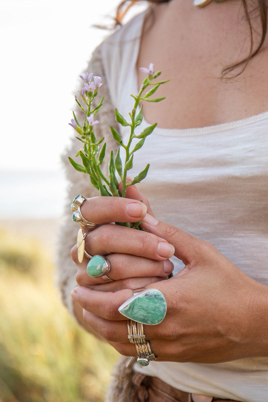 Teardrop Variscite Ring set in Brushed Sterling Silver Adjustable Band