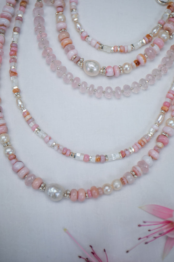 Pink Opal, Rose Quartz and Freshwater Pearl Bracelet with Thai Hill Tribe Silver