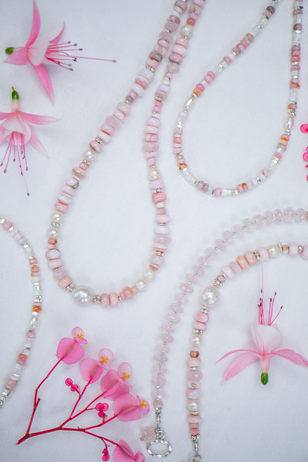 Pink Opal, Rose Quartz and Freshwater Pearl Necklace with Thai Hill Tribe Silver