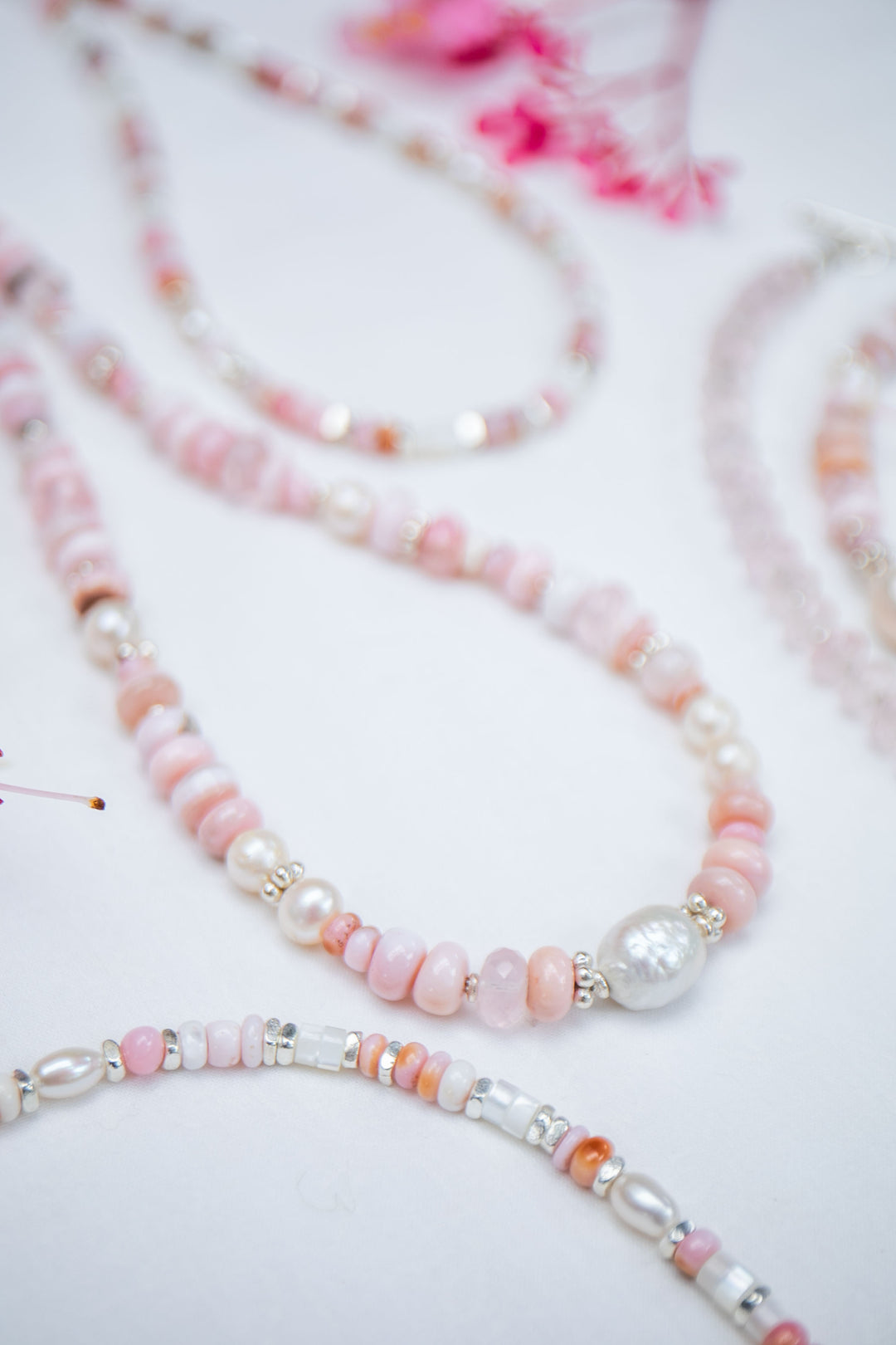 Pink Opal, Rose Quartz and Freshwater Pearl Necklace with Thai Hill Tribe Silver