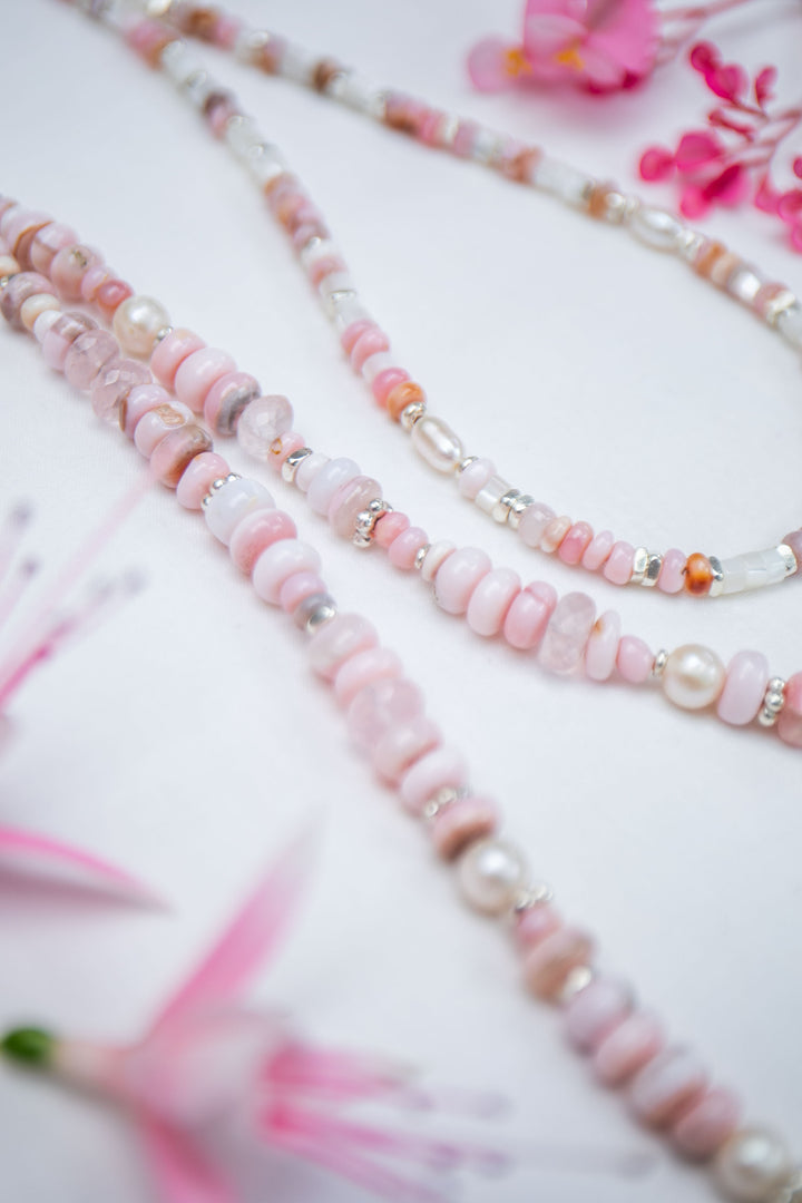 Pink Opal, Rose Quartz and Freshwater Pearl Necklace with Thai Hill Tribe Silver