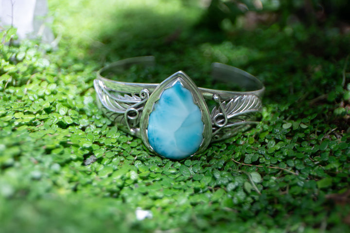 Stunning Larimar and Sterling Silver Bangle with Leaf Embellishments