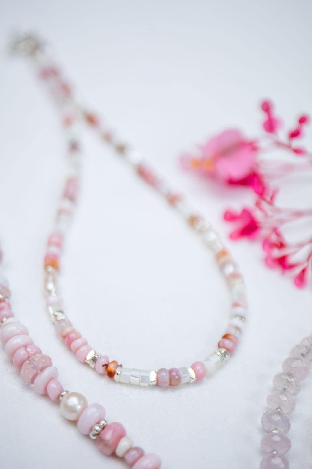 Pink Opal, Mother of Pearl and Freshwater Pearl Short Necklace with Thai Hill Tribe Silver