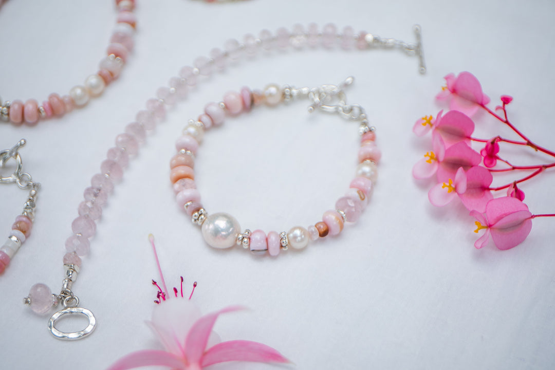 Pink Opal, Rose Quartz and Freshwater Pearl Bracelet with Thai Hill Tribe Silver