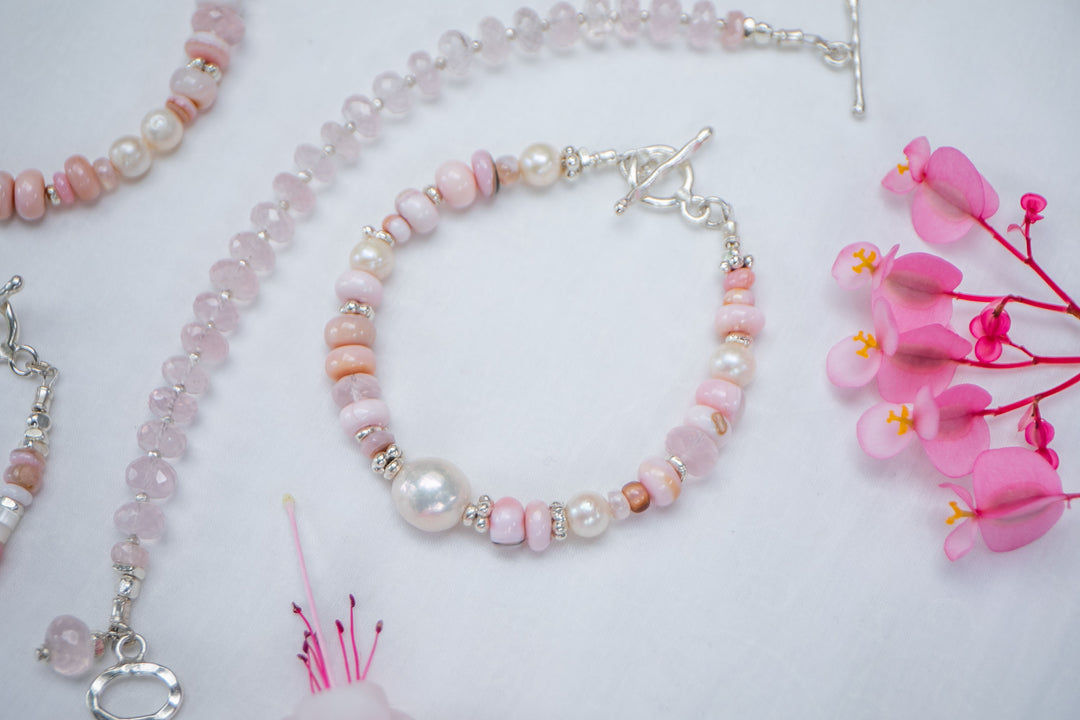 Pink Opal, Rose Quartz and Freshwater Pearl Bracelet with Thai Hill Tribe Silver