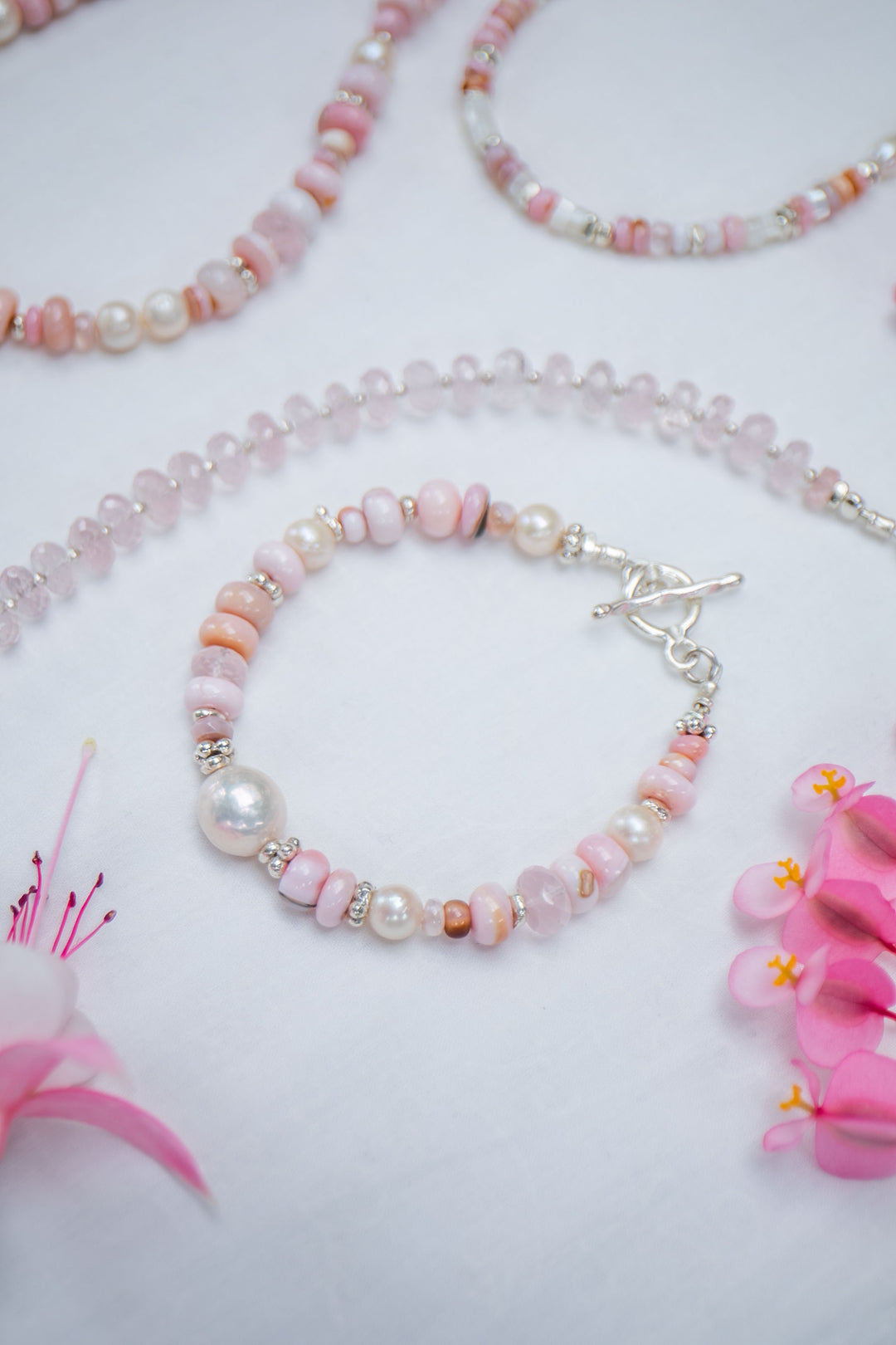 Pink Opal, Rose Quartz and Freshwater Pearl Bracelet with Thai Hill Tribe Silver