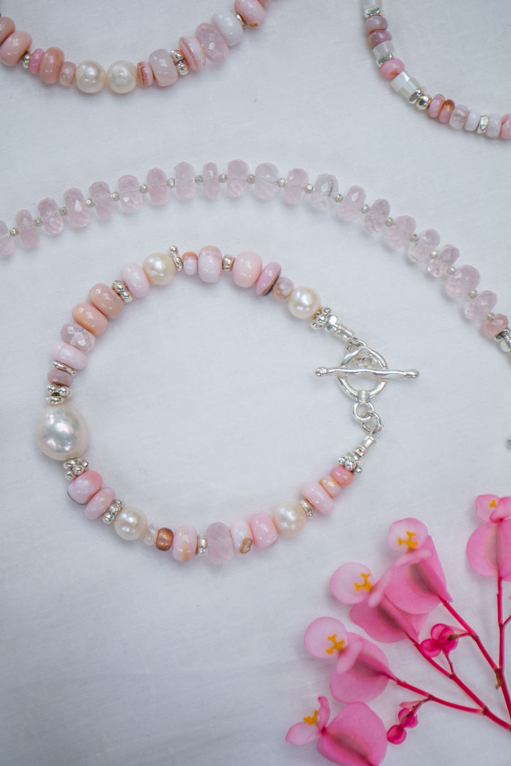 Pink Opal, Rose Quartz and Freshwater Pearl Bracelet with Thai Hill Tribe Silver