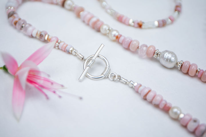 Pink Opal, Rose Quartz and Freshwater Pearl Necklace with Thai Hill Tribe Silver