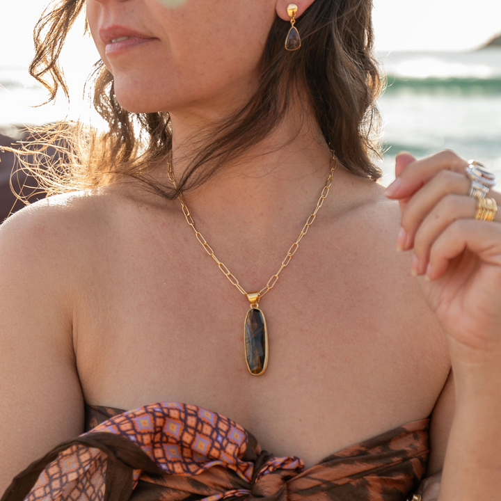 Faceted Tigers Eye Pendant in Brushed Gold Plated Sterling Silver