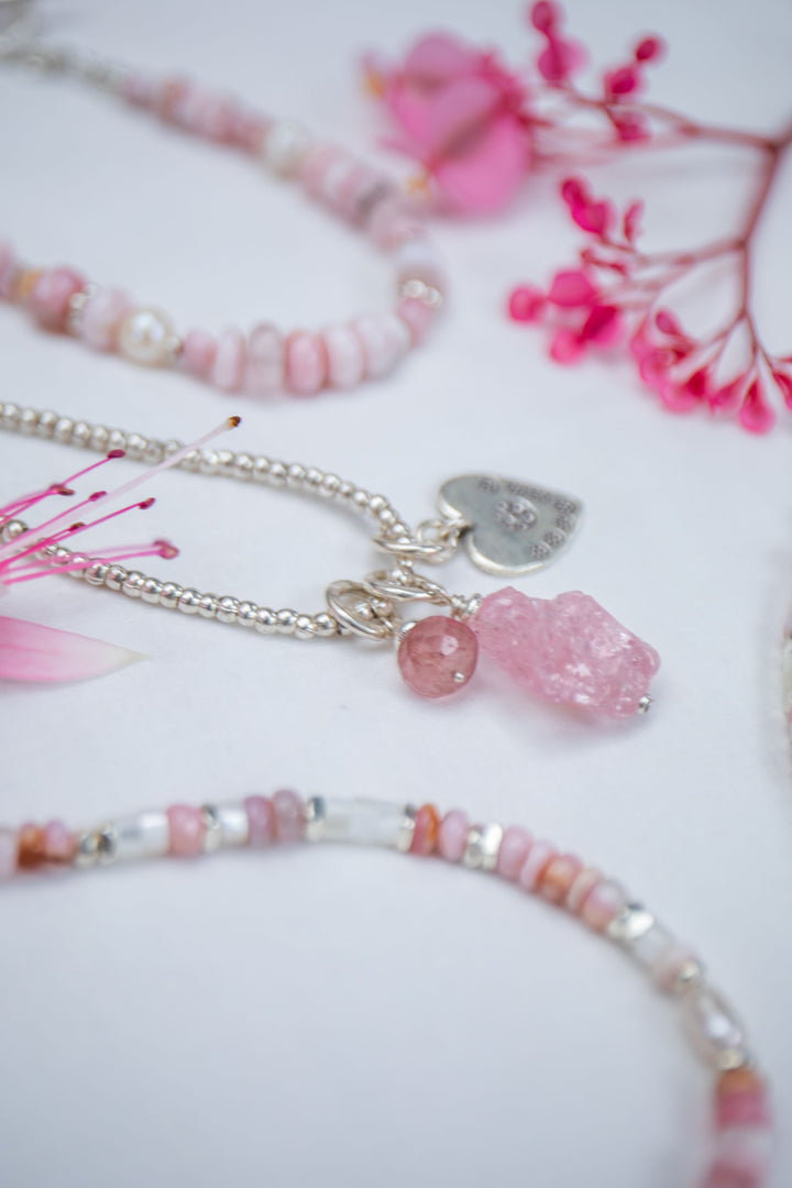 Raw Pink Kunzite Pendant and Cherry Quartz Charm Necklace with Thai Tribe Silver Chain