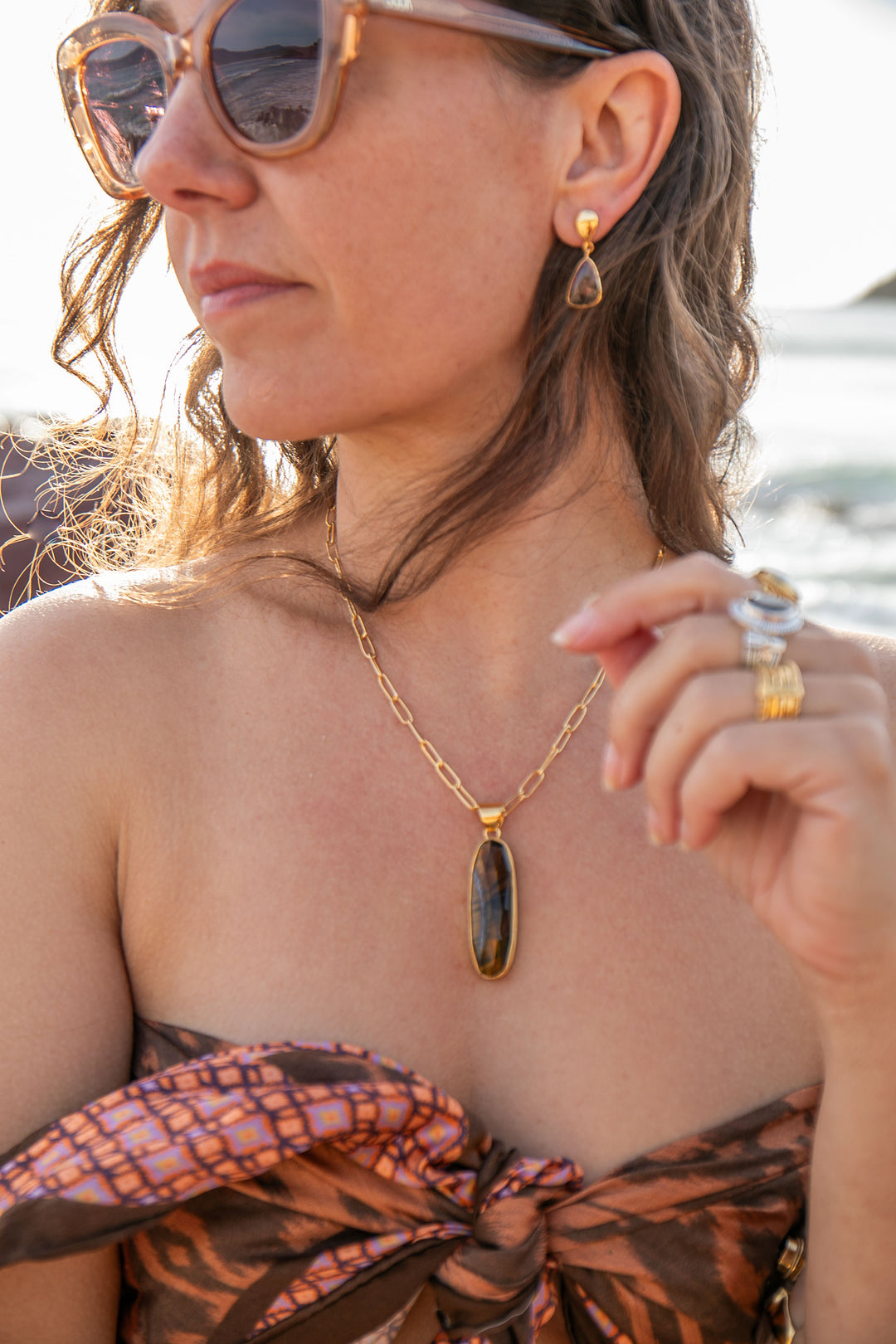 Faceted Tigers Eye Pendant in Brushed Gold Plated Sterling Silver