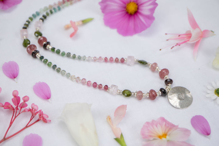 Stunning Statement Watermelon Tourmaline, Garnet, Strawberry Quartz + Rose Quartz and Thai Hill Tribe Silver Necklace