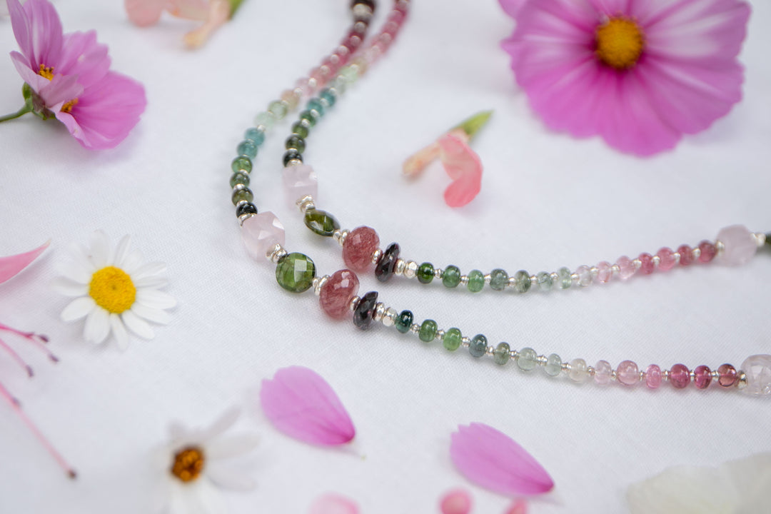 Stunning Statement Watermelon Tourmaline, Garnet, Strawberry Quartz + Rose Quartz and Thai Hill Tribe Silver Necklace