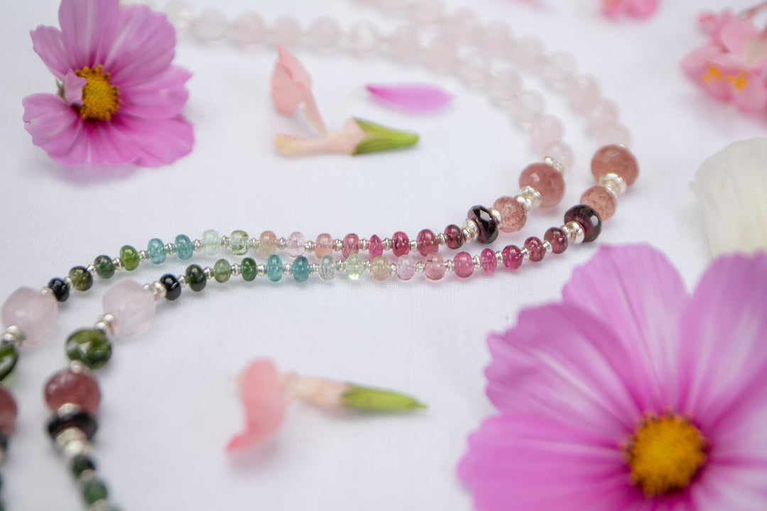 Stunning Statement Watermelon Tourmaline, Garnet, Strawberry Quartz + Rose Quartz and Thai Hill Tribe Silver Necklace