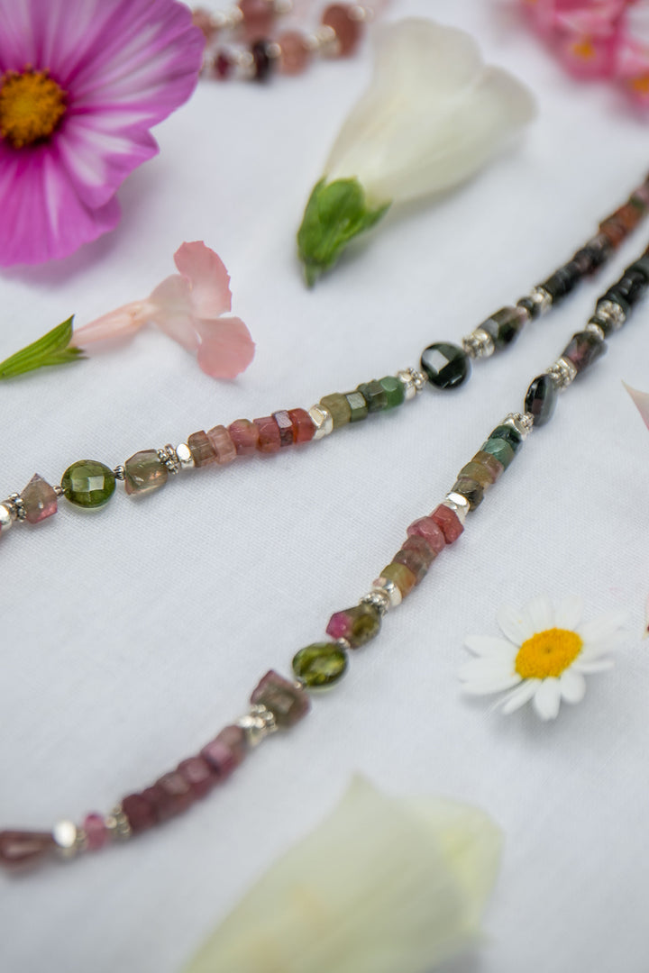 Mixed Watermelon Tourmaline + Thai Hill Tribe Silver Beaded Necklace