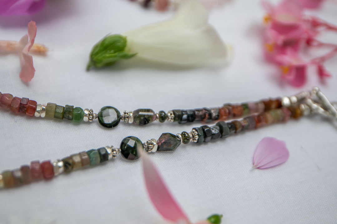 Mixed Watermelon Tourmaline + Thai Hill Tribe Silver Beaded Necklace