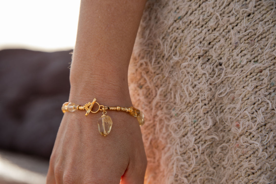 Handmade Beaded Citrine + Golden Rutile Quartz Bracelet with Gold Vermeil Beads
