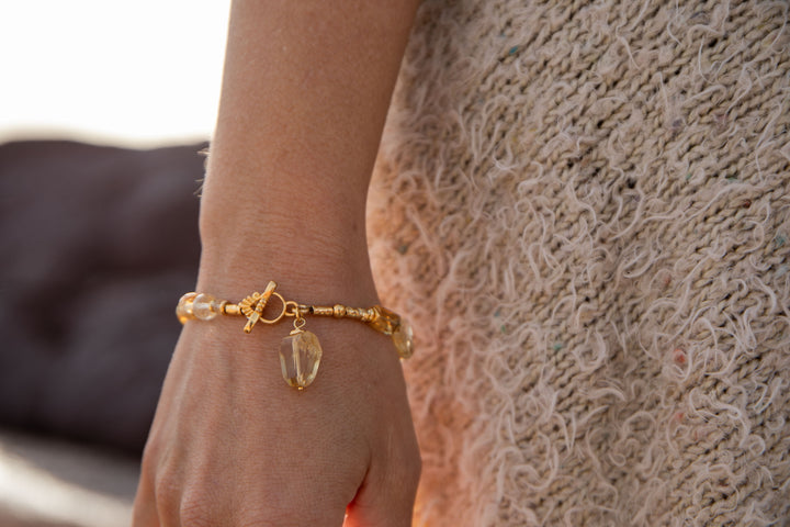 Handmade Beaded Citrine + Golden Rutile Quartz Bracelet with Gold Vermeil Beads