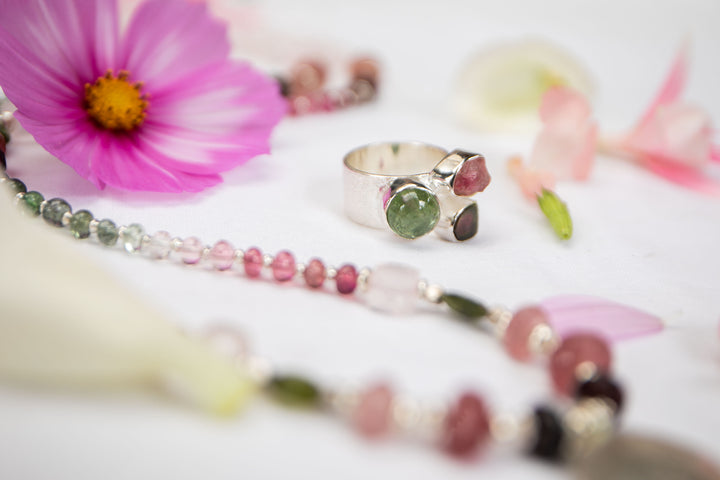 Multi Raw Pink Tourmaline and Watermelon Tourmaline Ring set in Sterling Silver- Size 6.5 US