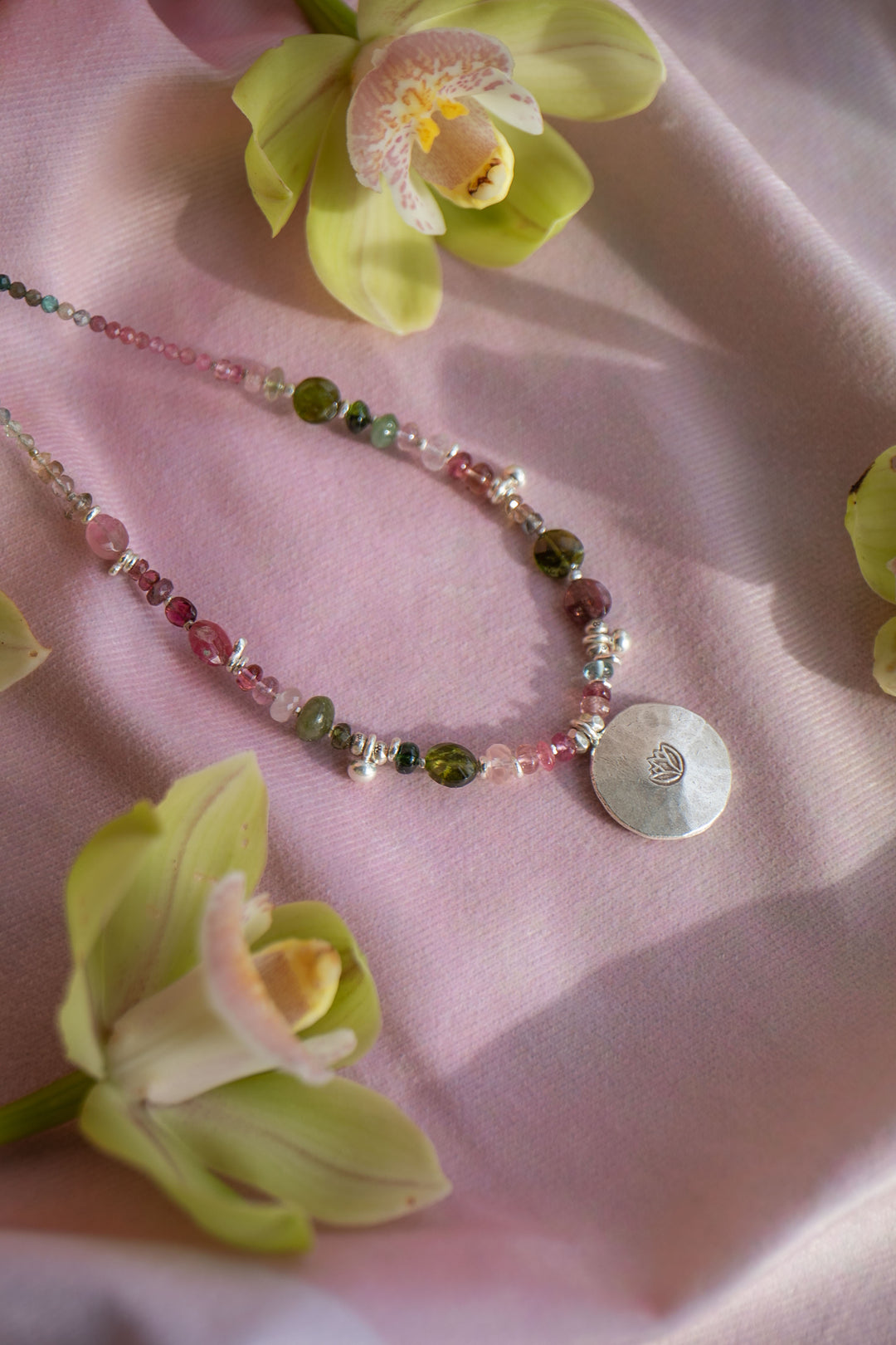 Watermelon Tourmaline Necklace Handmade with Thai Hill Tribe Silver