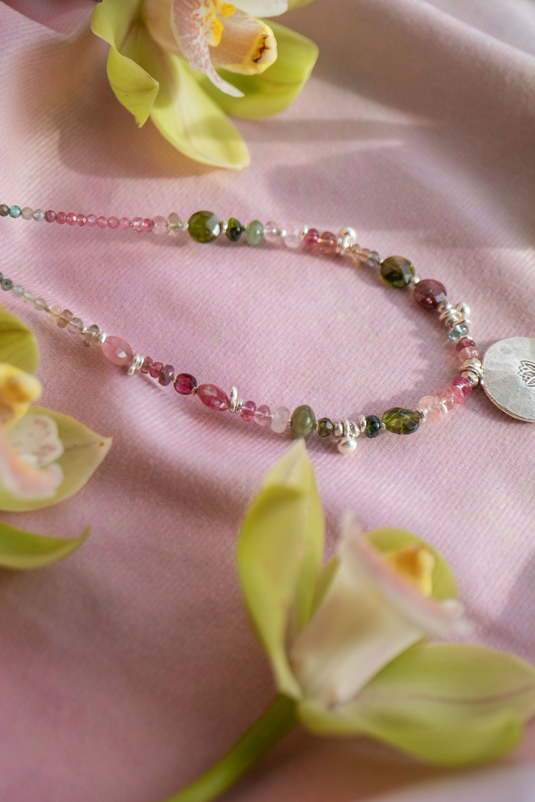 Watermelon Tourmaline Necklace Handmade with Thai Hill Tribe Silver