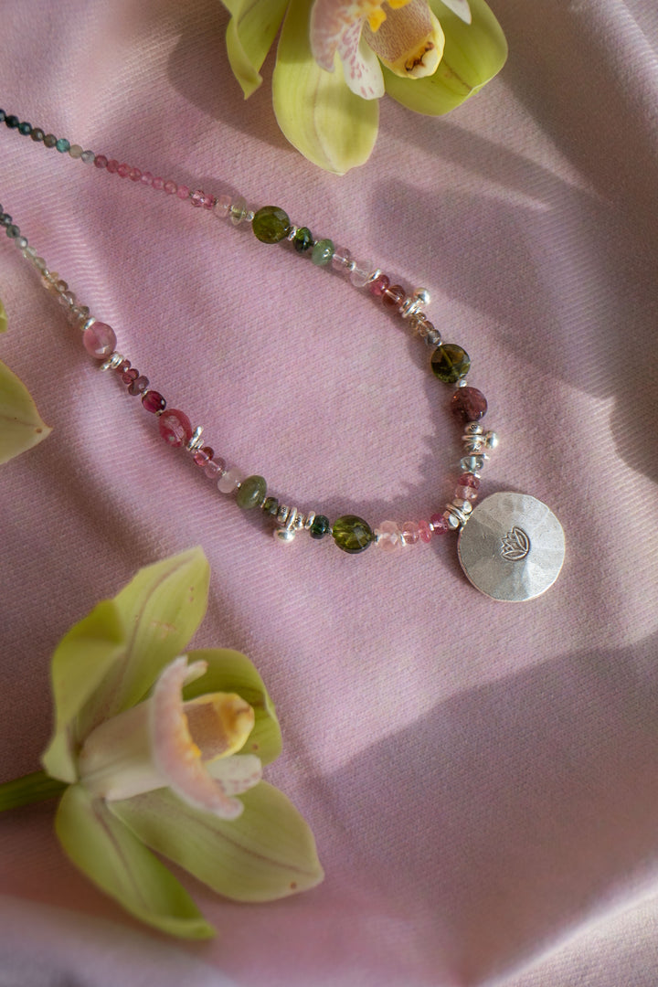 Watermelon Tourmaline Necklace Handmade with Thai Hill Tribe Silver