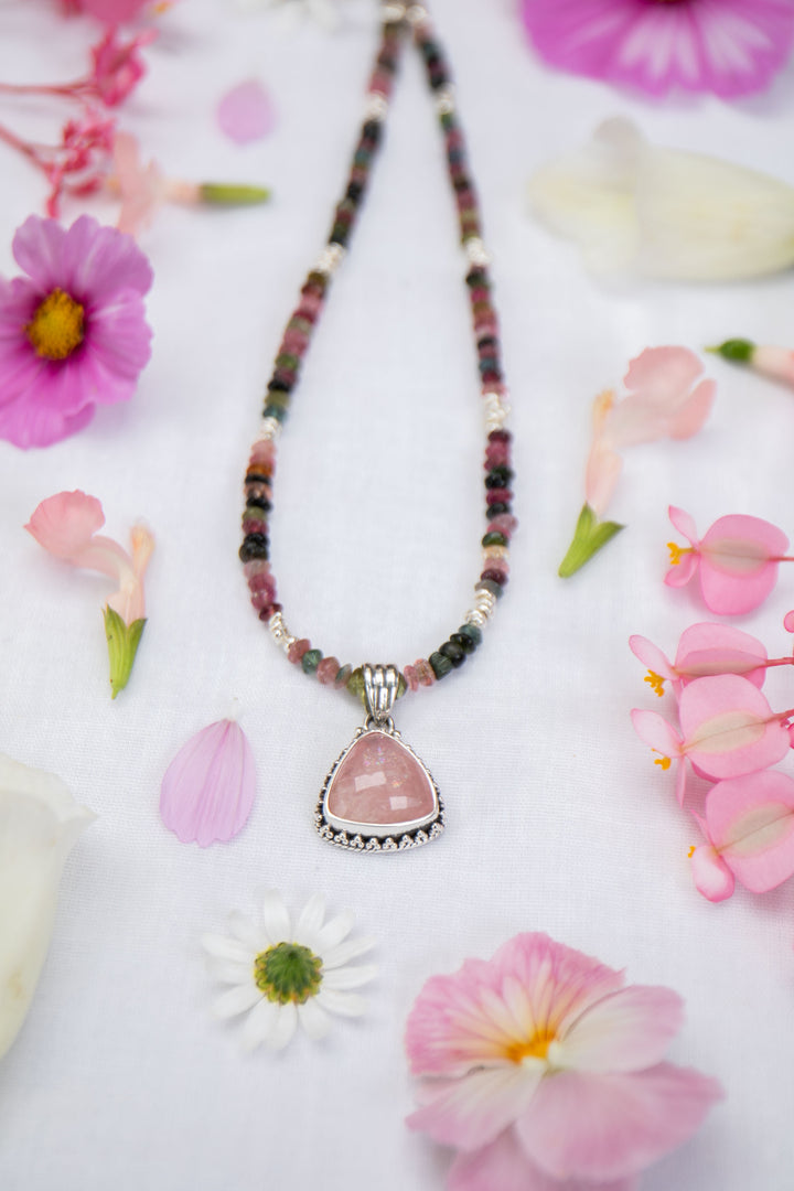 Watermelon Tourmaline + Thai Hill Tribe Silver Choker Necklace with Rose Quartz Pendant