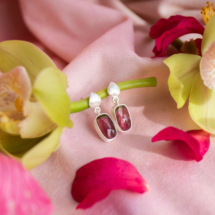 Watermelon Tourmaline Stud Drop Earrings in Brushed Sterling Silver