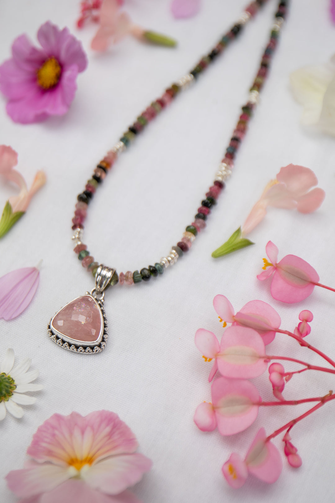 Watermelon Tourmaline + Thai Hill Tribe Silver Choker Necklace with Rose Quartz Pendant