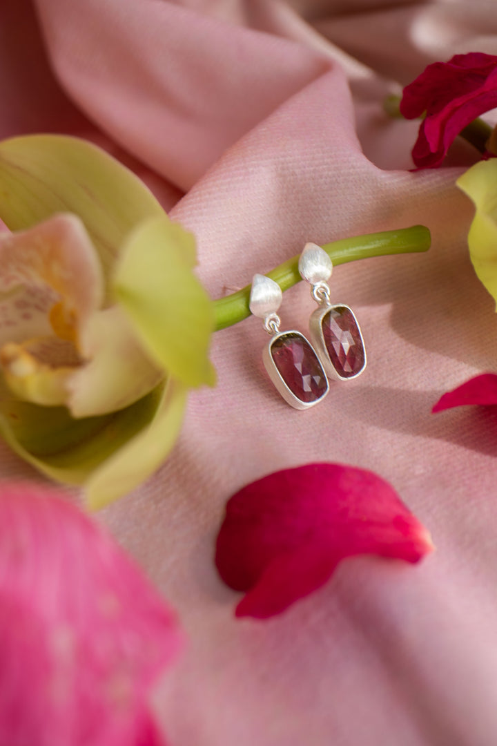 Watermelon Tourmaline Stud Drop Earrings in Brushed Sterling Silver