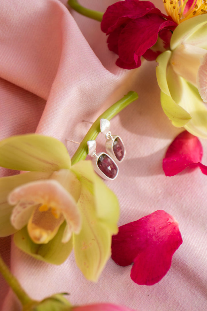 Watermelon Tourmaline Stud Drop Earrings in Brushed Sterling Silver