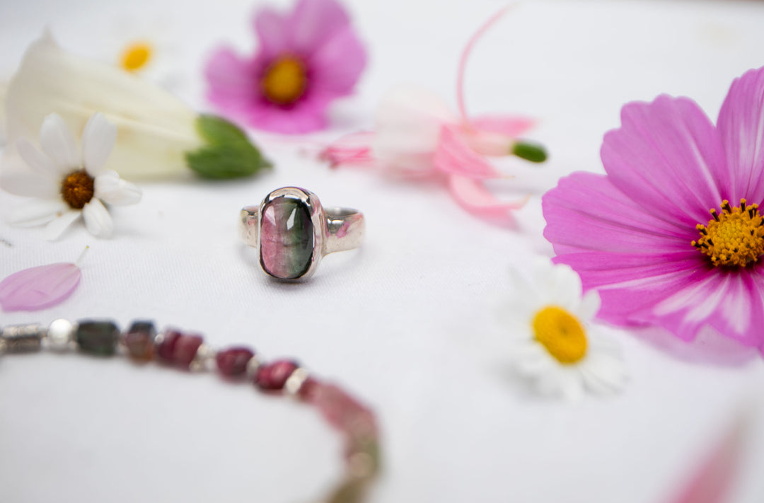 Rose Cut Bi-colour Tourmaline Ring in Sterling Silver Setting - Size 8 US