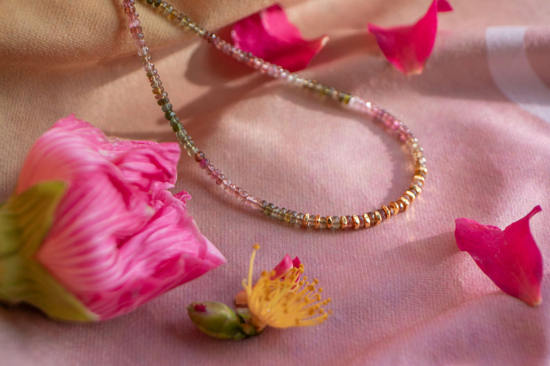 High Quality Graduated Watermelon Tourmaline + Gold Vermeil Beaded Necklace