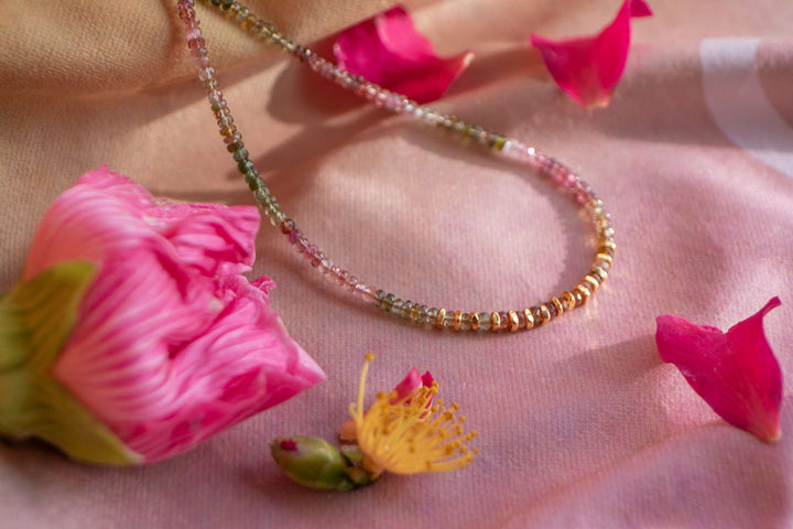 High Quality Graduated Watermelon Tourmaline + Gold Vermeil Beaded Necklace