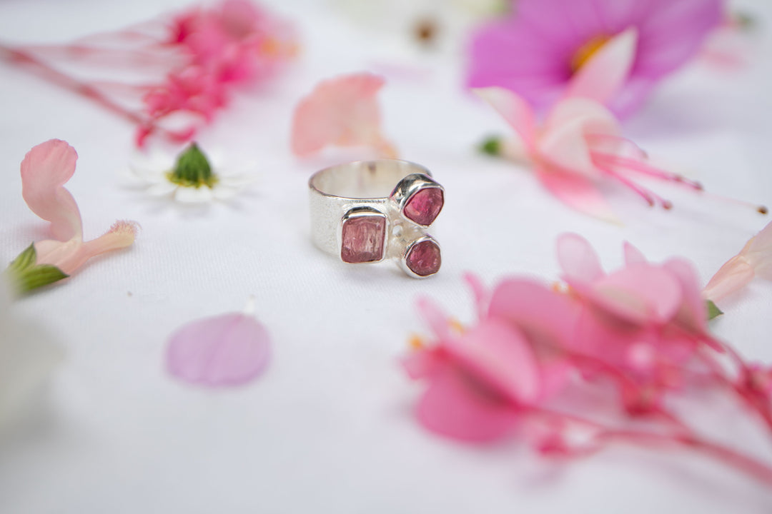 Multi Raw Pink Tourmaline Ring set in Sterling Silver- Size 6.5 US