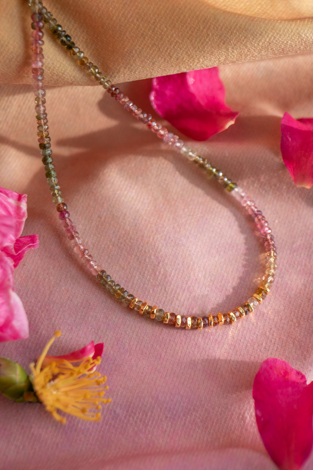 High Quality Graduated Watermelon Tourmaline + Gold Vermeil Beaded Necklace