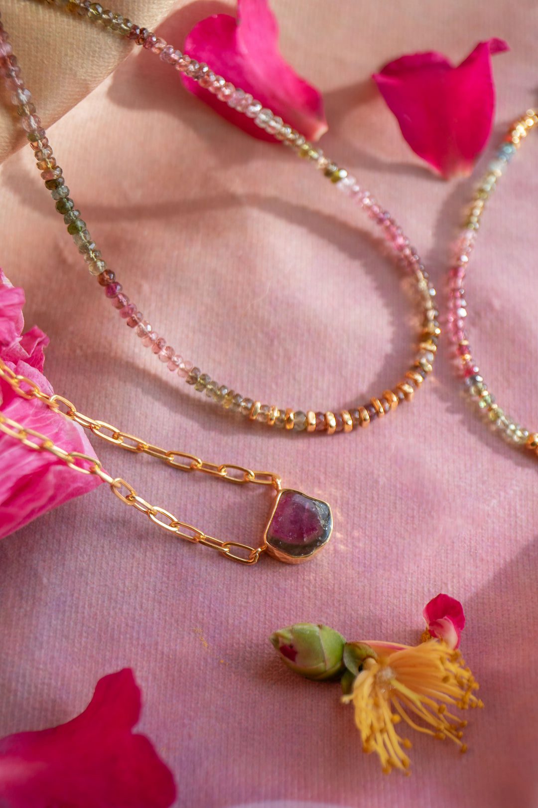 Watermelon Tourmaline Pendant on 24k Gold Plated Sterling Silver Paperclip Chain