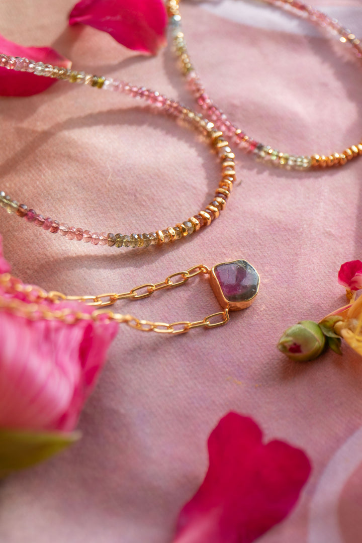 Watermelon Tourmaline Pendant on 24k Gold Plated Sterling Silver Paperclip Chain