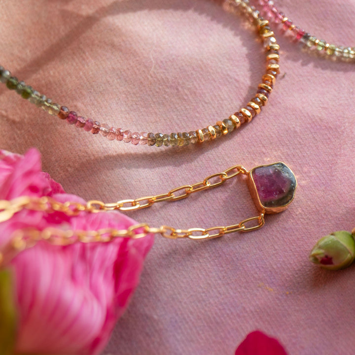 Watermelon Tourmaline Pendant on 24k Gold Plated Sterling Silver Paperclip Chain