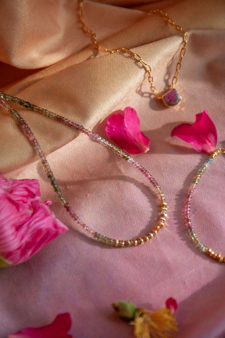 Watermelon Tourmaline Pendant on 24k Gold Plated Sterling Silver Paperclip Chain