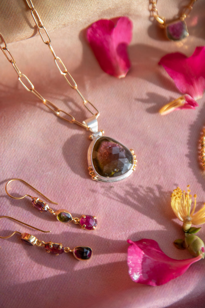 Rose Cut Watermelon Tourmaline Pendant in Brushed 92.5% Sterling Silver with Gold Accents