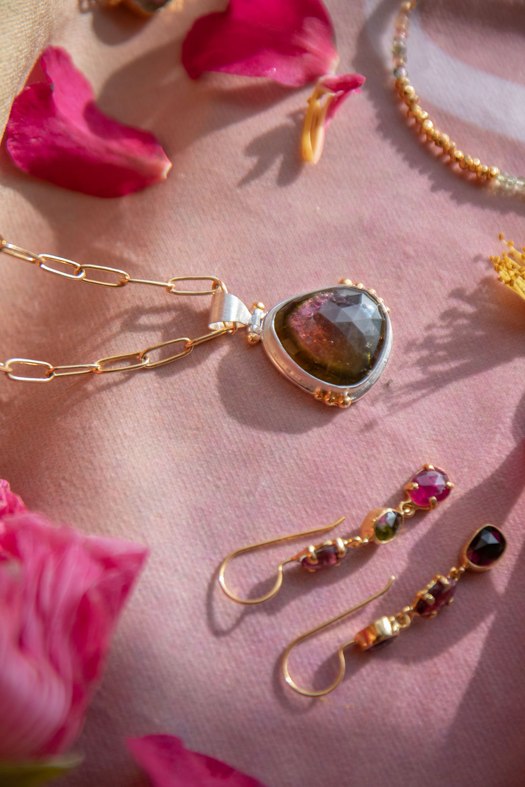 Rose Cut Watermelon Tourmaline Pendant in Brushed 92.5% Sterling Silver with Gold Accents